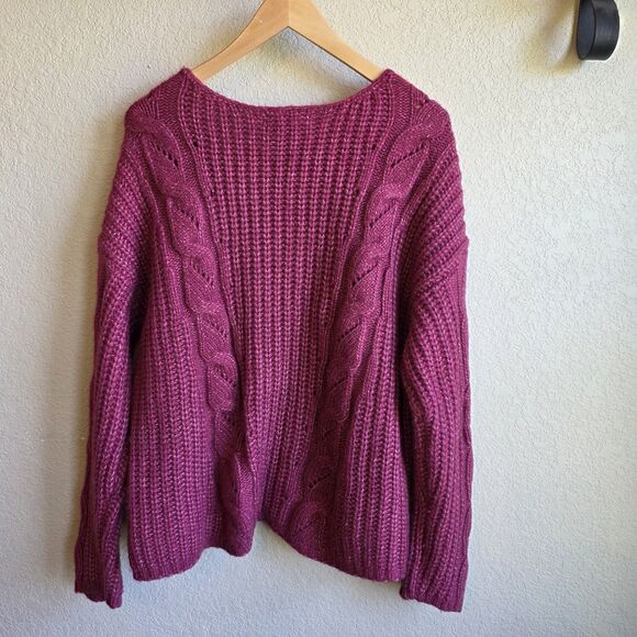 ANTHROPOLOGIE Ramona Cable-Knit V-Neck Sweater Size Medium M Berry Red - Picture 6 of 9